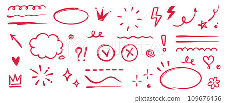 Hand drawn red highlight, text underline, emphasis mark, line shape set. Hand drawn scribble arrow, love heart, speech bubble, crown element. Marker, pen brush stroke. Vector Hand drawn red highlight, text underline, emphasis mark, line shape set. Hand drawn scribble arrow, love heart, speech bubble, crown element. Marker, pen brush stroke. Vector 109676456