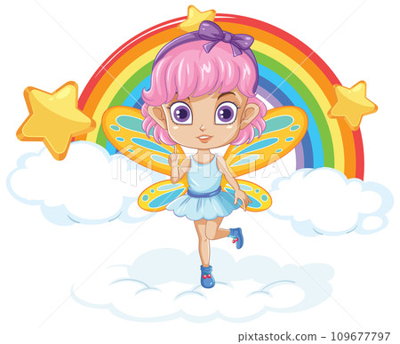 Fairy Girl on Cloud with Rainbow 109677797