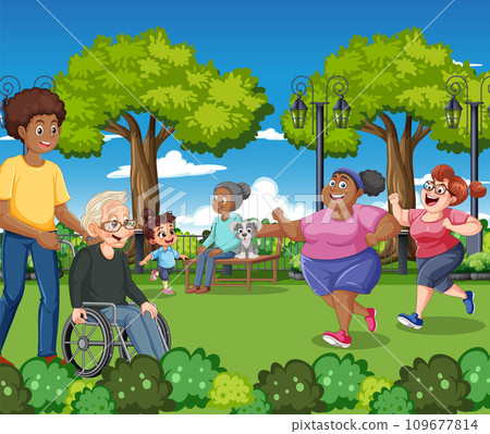 People with different gender age and race at the park doing different activities 109677814