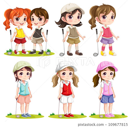 Cheerful Golfer Cartoon Characters in Vector Style Cheerful Golfer Cartoon Characters in Vector Style 109677815
