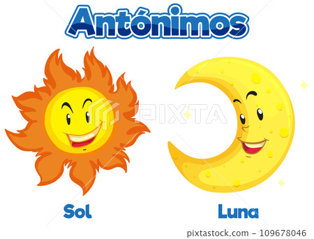 Antonym Word Card in Spanish: Sol and Luna means sun and moon 109678046