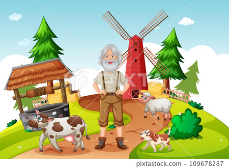 Old Man Farmer at Rural Farm with Barn, Windmill, and Farm Animals 109678287
