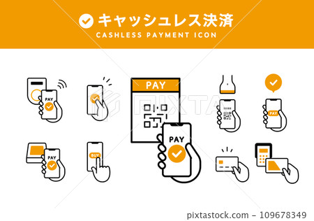 Set of icons for cashless payments and smartphone payments such as electronic money, QR code, hand payment, electronic payment Set of icons for cashless payments and smartphone payments such as electronic money, QR code, hand payment, electronic payment 109678349