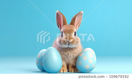 AI-generated content. The Easter bunny is happy, sitting on colored paper 109678592