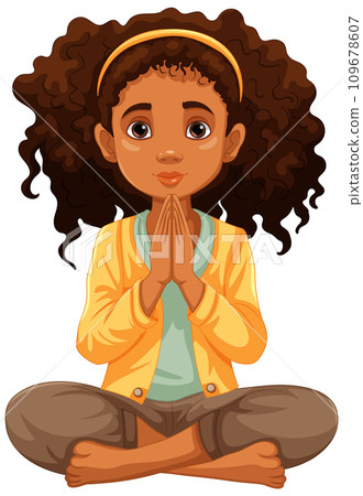 Curly-haired Woman Praying and Meditating with Open Eyes 109678607