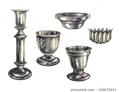 Watercolor silver long and short candlesticks with metal texture and shine in vintage style for Christmas, New Year, Candlemas, memorial, wedding, birthday, for church, ceremonies, rituals, magic 109678841