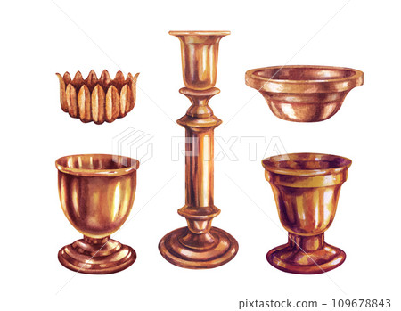 Watercolor copper long and short candlesticks with metal texture and shine in vintage style for Christmas, New Year, Candlemas, memorial, wedding, birthday, for church, ceremonies, rituals, magic. 109678843
