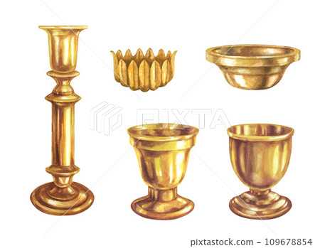 Watercolor brass long and short candlesticks with metal texture and shine in vintage style for Christmas, New Year, Candlemas, memorial, wedding, birthday, for church, ceremonies, rituals, magic. 109678854