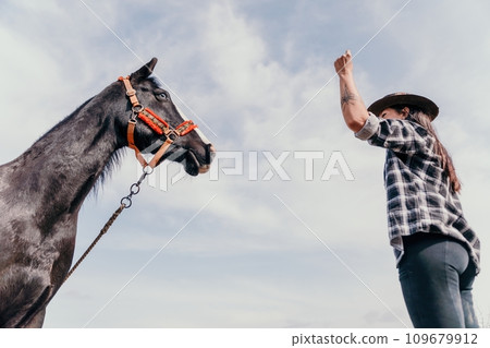 Young happy woman in hat with her horse in evening sunset light. Outdoor photography with fashion model girl. Lifestyle mood. Concept of outdoor riding, sports and recreation. Young happy woman in hat with her horse in evening sunset light. Outdoor photography with fashion model girl. Lifestyle mood. Concept of outdoor riding, sports and recreation. 109679912