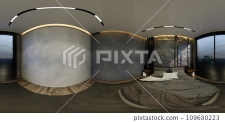 3D illustrations through 360 degree rendering, showcase modern bedroom interiors that feature minimal black tones. 3D illustrations through 360 degree rendering, showcase modern bedroom interiors that feature minimal black tones. 109680223
