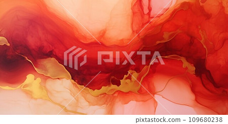 Golden decoration on red fluid in alcohol ink art style. Colorful abstract horizontal background. AI generated image 109680238