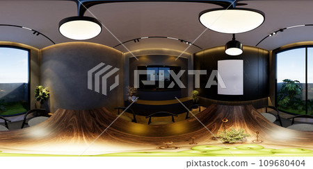 3D illustrations through 360 degree rendering, depict modern dining room interiors with minimal black tones 3D illustrations through 360 degree rendering, depict modern dining room interiors with minimal black tones 109680404