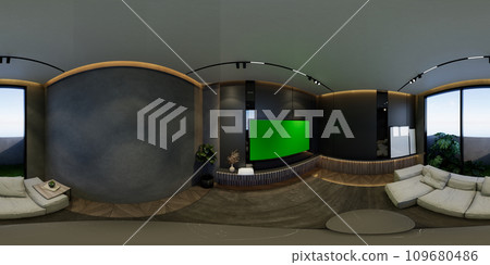 3D illustrations through 360 degree rendering, depict modern living room interiors with minimal black tones 109680486