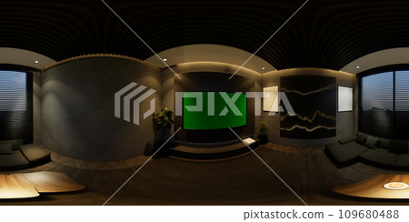 3D illustrations through 360 degree rendering, depict modern living room interiors with minimal black tones 3D illustrations through 360 degree rendering, depict modern living room interiors with minimal black tones 109680488