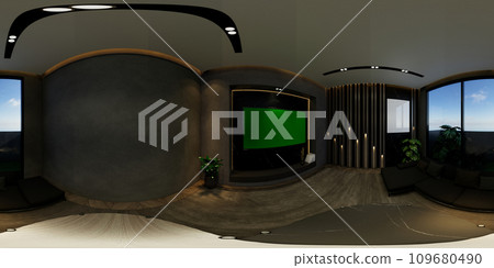 3D illustrations through 360 degree rendering, depict modern living room interiors with minimal black tones 3D illustrations through 360 degree rendering, depict modern living room interiors with minimal black tones 109680490