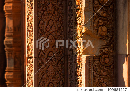 Carving details at Banteay Srei Angkor temple 109681327