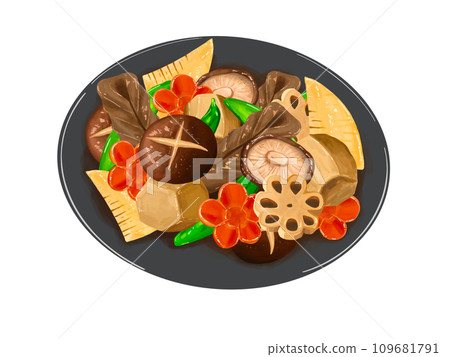 Chikuzenni, Boiled dish, Boiled dish, Osechi, New Year, New Year, Happy New Year, New Year's card, Lucky charm, Illustration, New Year's plate 109681791