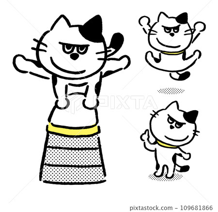 A spotted cat with black and white eyes and a grin 109681866