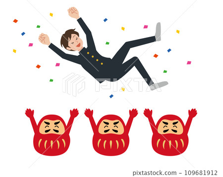 Illustration of a male student being lifted up by Daruma dolls Illustration of a male student being lifted up by Daruma dolls 109681912