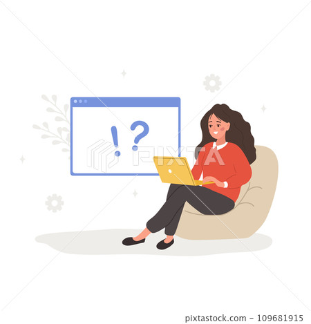 FAQ concept. Woman with laptop search for answers. Customer support and online help service. Frequently asked questions. Vector illustration in flat cartoon style FAQ concept. Woman with laptop search for answers. Customer support and online help service. Frequently asked questions. Vector illustration in flat cartoon style 109681915