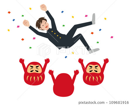 Illustration of a male student being lifted up by Daruma dolls Illustration of a male student being lifted up by Daruma dolls 109681916
