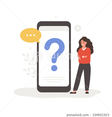 FAQ concept. Woman with question mark on mobile phone screen. Customer support and online help service. Frequently asked questions. Vector illustration in flat cartoon style 109681923