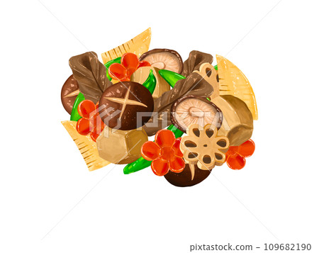 Chikuzen-ni, Boiled, Boiled, Boiled, Osechi, New Year, New Year, Happy New Year, New Year's card, Lucky charm, Illustration, New Year's card 109682190