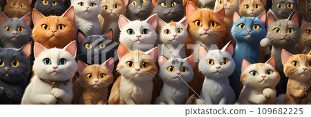 Cartoon pattern of many funny heads of cats looking at me in the frame. White, red, striped furry cats illustration. AI generated 109682225