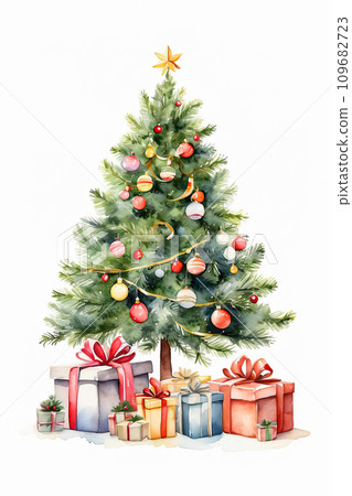 Watercolour christmas tree and gift boxes on a white background. Greeting card for Christmas and New Year. AI generated Watercolour christmas tree and gift boxes on a white background. Greeting card for Christmas and New Year. AI generated 109682723
