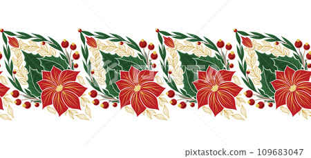 Vector decorative holiday border with poinsettia flowers isolated from background. Xmas seamless tracery frieze with floral ornament Vector decorative holiday border with poinsettia flowers isolated from background. Xmas seamless tracery frieze with floral ornament 109683047