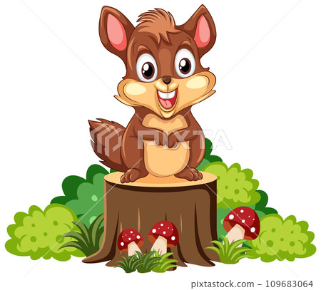 Cute squirrel cartoon character standing on tree stump 109683064
