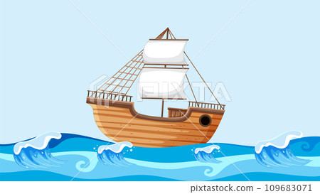 Sailing Boat on Open Ocean Waves Sailing Boat on Open Ocean Waves 109683071
