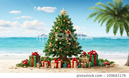 A Christmas tree with gift boxes on the ocean with palm trees. A tourist trip for Christmas and New Year to tropical countries, a vacation at the sea. AI generated 109683176