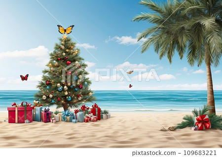 A Christmas tree with gift boxes and butterflies on the ocean with palm trees. A tourist trip for Christmas and New Year to tropical countries, a vacation at the sea. Copy space. AI generated 109683221