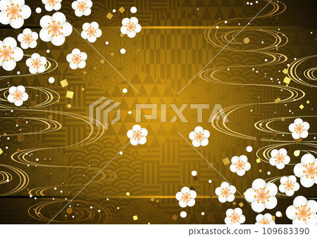 Plum, Japanese style, background, illustration, design, Japanese pattern, simple, golden 109683390
