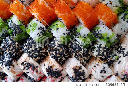 Fresh sushi rolls set food concept Fresh sushi rolls set food concept 109683415