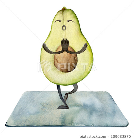 Hand drawn watercolor cute avocado character doing yoga stretching asana practice. Fitness health. Illustration isolated composition, white background. Design for poster, print, website, card, gym 109683870