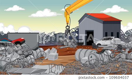 Scrapyard Junkyard: A Vibrant Outdoor Cartoon Scene Scrapyard Junkyard: A Vibrant Outdoor Cartoon Scene 109684037
