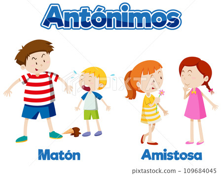 Antonym Word Card: Maton and Amistosa in Spanish means bully and friendly 109684045