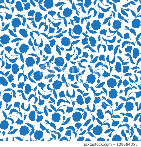 Blue floral silhouette pattern on a white background, hand drawn, flat, all-over composition. Blue floral silhouette pattern on a white background, hand drawn, flat, all-over composition. 109684055