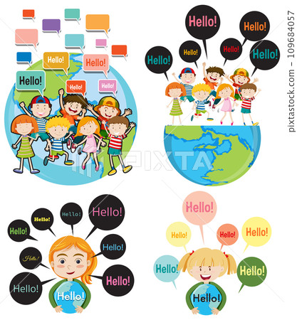 Hello greeting with cartoon characters set Hello greeting with cartoon characters set 109684057