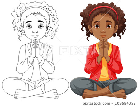 Curly-haired Woman Praying and Meditating with Open Eyes 109684352