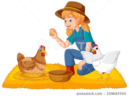 Girl Picking Up Fresh Organic Chicken Eggs Girl Picking Up Fresh Organic Chicken Eggs 109684504