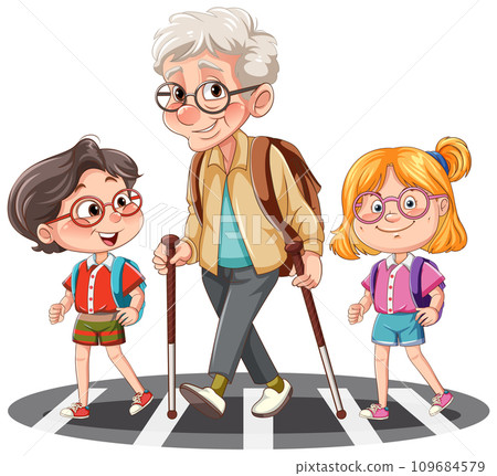 Grandparent crossing the road with student 109684579