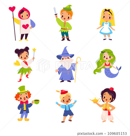 Fairy Tales Character with Boy and Girl Pinocchio, Wizard, Mermaid, Clown and Pixie Vector Set 109685153