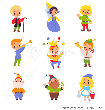 Fairy Tales Character with Gnome, Robin Hood, Jester, Scarecrow and Cinderella Vector Set Fairy Tales Character with Gnome, Robin Hood, Jester, Scarecrow and Cinderella Vector Set 109685154