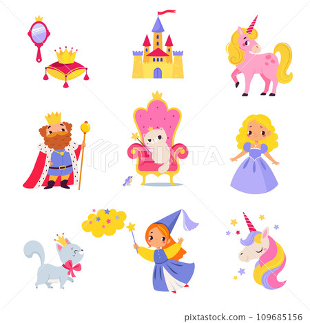 Fairy Tales Character with Unicorn, King, Pixie, Cat and Castle with Crown Vector Set 109685156
