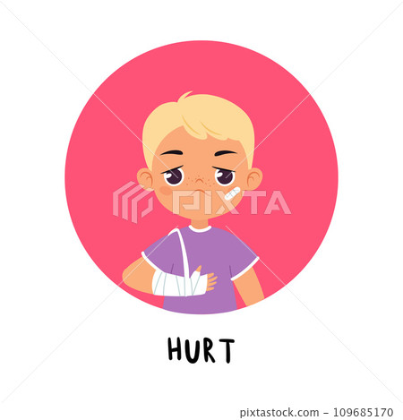 Kid Emotion with Hurt Boy Character with Bandaged Arm in Round Shape Show Face Expression Vector Illustration Kid Emotion with Hurt Boy Character with Bandaged Arm in Round Shape Show Face Expression Vector Illustration 109685170