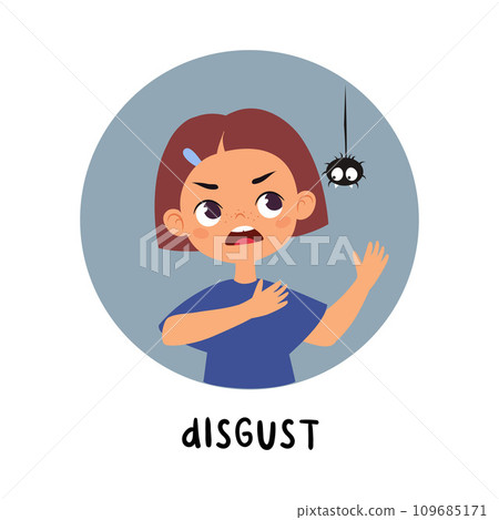 Kid Emotion with Girl Character Have Disgust with Spider in Round Shape Show Face Expression Vector Illustration Kid Emotion with Girl Character Have Disgust with Spider in Round Shape Show Face Expression Vector Illustration 109685171
