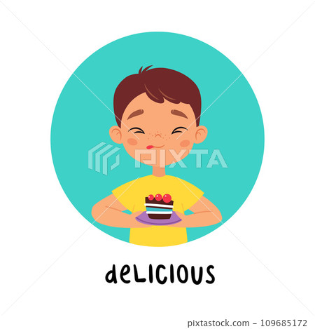Kid Emotion with Happy Boy Character with Delicious Cake in Round Shape Show Face Expression Vector Illustration 109685172